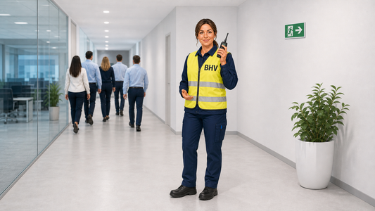BHV'er met geel BHV-hesje gebruikt een portofoon tijdens een rustige ontruimingsoefening