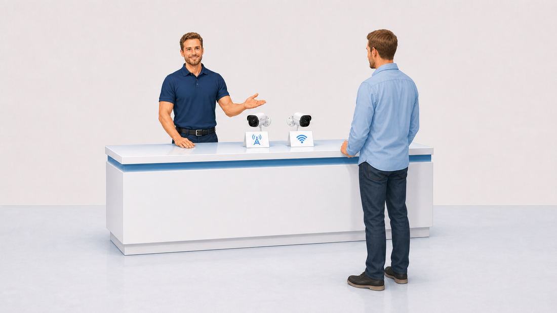 Activ24-adviseur vergelijkt een 4G-beveiligingscamera met een wifi-beveiligingscamera