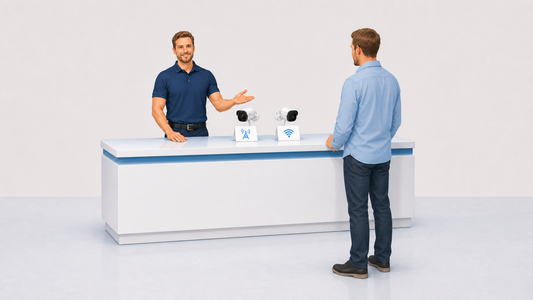 Activ24-adviseur vergelijkt een 4G-beveiligingscamera met een wifi-beveiligingscamera