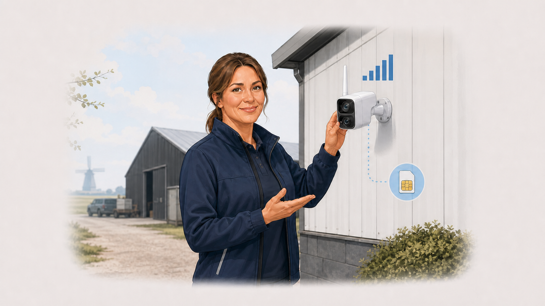 Activ24-technicus toont een 4G-camera met simkaart en mobiel bereik