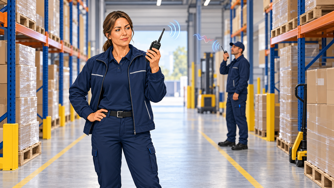 Activ24-medewerker controleert een portofoon op storing in een magazijn