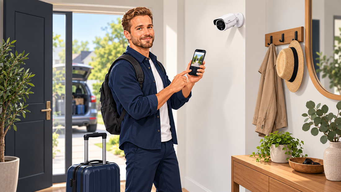 Activ24-technicus controleert voor vertrek de beveiligingscamera via een smartphone