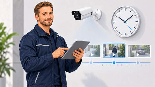 Activ24-technicus controleert tijdlijn en klok bij beveiligingscamerabeelden
